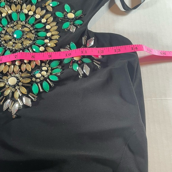 Rachel Allan Black Beaded Halter Prom‎ Dress - Size 8 Form Fitting High Slit - Picture 6 of 9